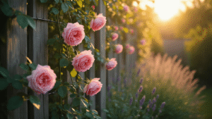 Wide-angle shot of a weathered wooden fence adorned with a dark green climbing trellis and blooming blush pink 'New Dawn' roses, captured during golden hour with warm sunlight creating dappled shadows, featuring rich textures and a soft bokeh background of lavender and ornamental grasses.