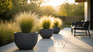 A contemporary sunlit patio featuring sleek charcoal gray fiberglass planters filled with ornamental grasses, modern black metal-framed chairs on expansive concrete flooring, and warm golden hour lighting creating dramatic contrasts and inviting atmosphere.