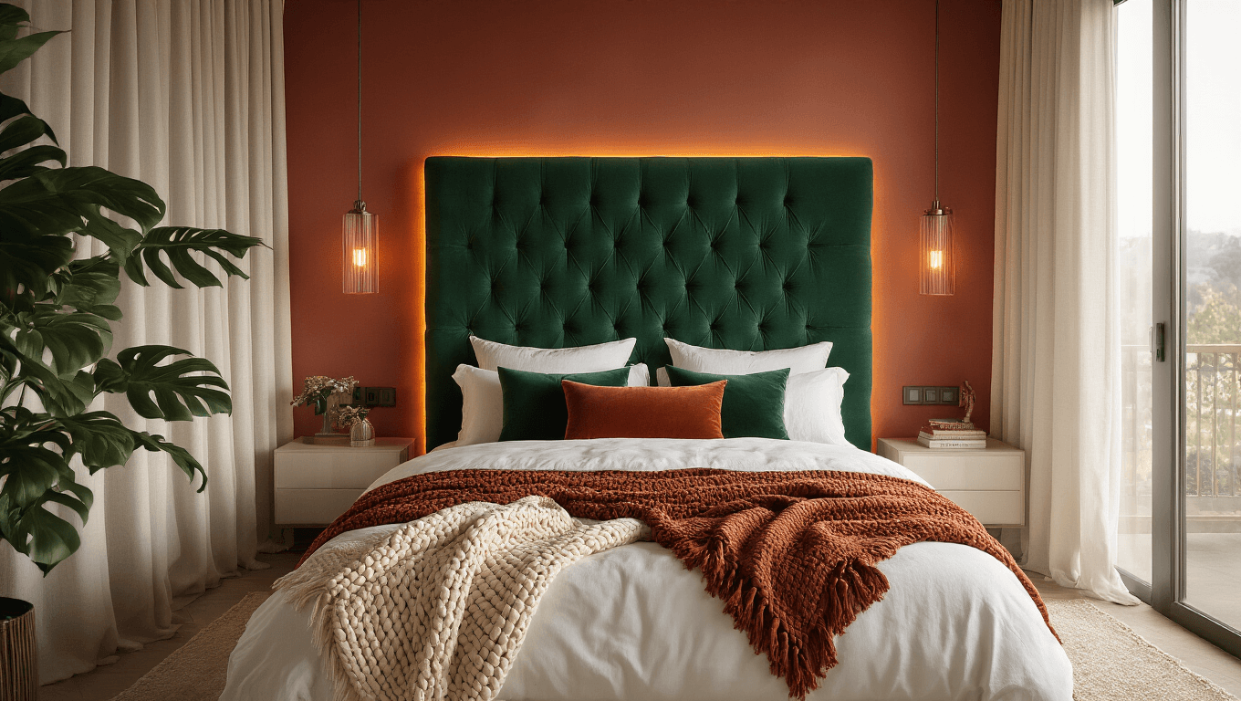 Luxurious contemporary bedroom featuring an emerald green velvet tufted headboard against a warm terracotta wall, layered textures of bedding, and soft golden hour lighting.