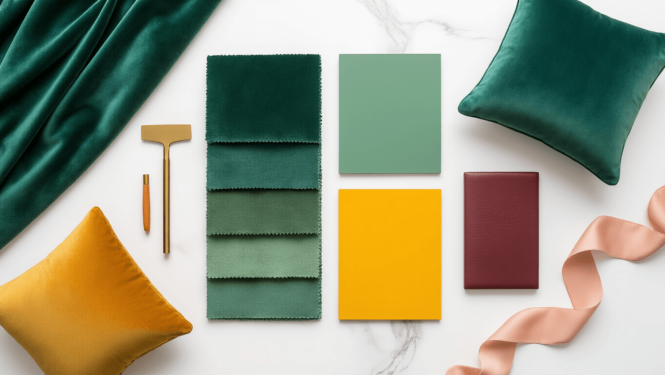 Cinematic overhead flatlay of a green interior design color palette featuring velvet swatches, paint samples, and accent pieces on a white marble surface, with natural elements and brass design tools, illuminated by warm golden hour light.