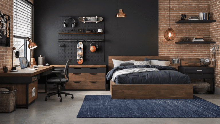 Teenage Boys Bedroom Ideas That Actually Work (Without Looking Like a Kids' Room) A cinematic wide-angle shot of a sophisticated teenage boy's industrial-style bedroom featuring a matte black accent wall, custom metal pegboard with sports gear, and a dark wood platform bed. The room includes a sleek L-shaped desk, pendant lighting, a navy blue area rug, floating shelves, charcoal grey bedding, and a gallery wall, all captured in moody lighting with rich textures and a masculine color palette.