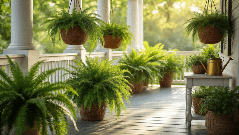 Ferns on Front Porch: Everything You Need to Keep Them Lush and Thriving Cinematic front porch adorned with vibrant green ferns in hanging baskets and ceramic planters, dappled morning light filtering through white columns, showcasing the lush frond textures against weathered wood, featuring a rustic farmhouse aesthetic and inviting atmosphere.
