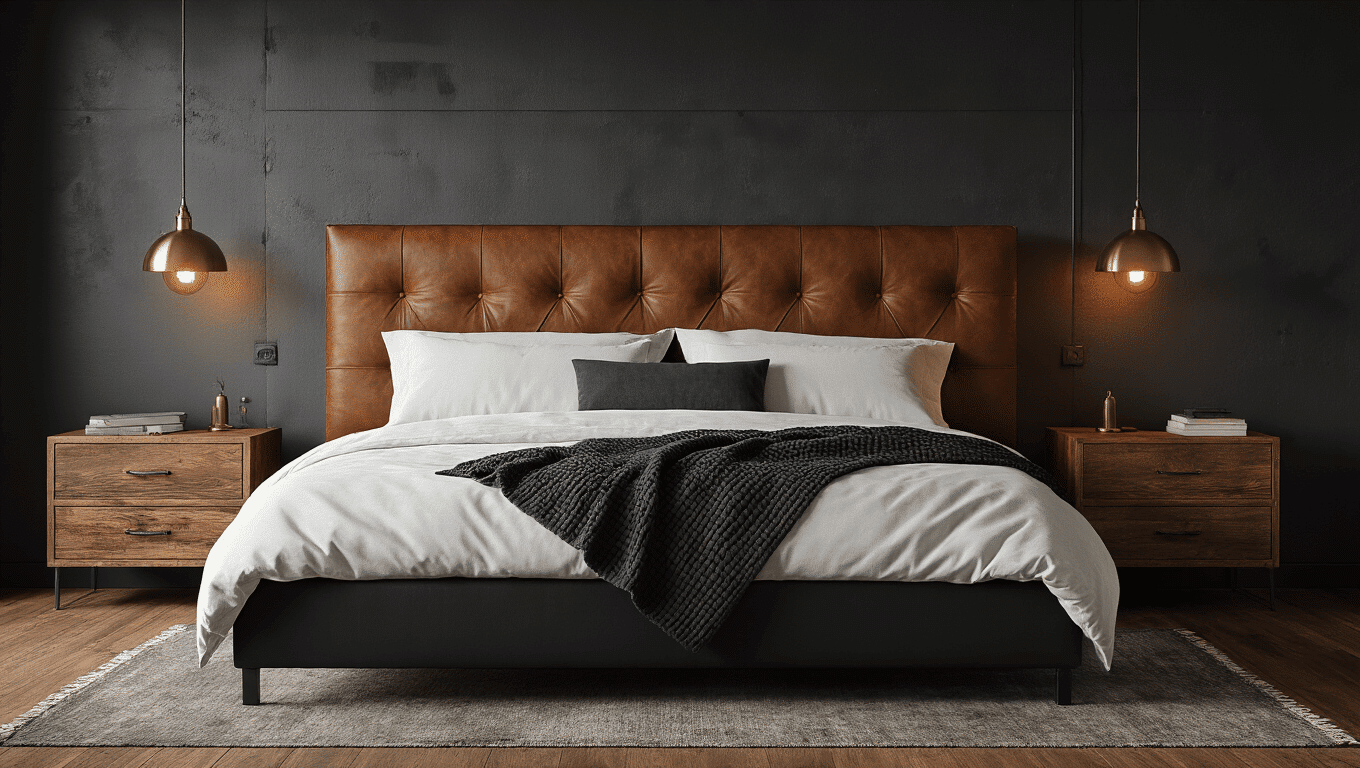A sophisticated masculine bedroom with charcoal gray walls, a tufted cognac leather headboard, crisp white bedding, warm wooden flooring, industrial lighting, and a geometric abstract art piece.