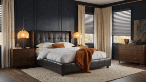A sophisticated men's bedroom featuring charcoal and navy walls, a luxurious leather platform bed with white linens and a rust orange throw, rich walnut nightstands with brass lamps, and warm golden hour lighting streaming through layered shades, all set against a plush geometric rug and a leather accent chair.