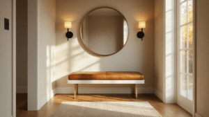 Ultra-realistic image of a small mid-century modern foyer featuring warm honey oak floors, soft greige textured walls, a sleek white storage bench with caramel leather cushion, a large round brass-framed mirror reflecting golden morning light, matte black wall sconces, and a snake plant in a terracotta pot, highlighting natural materials and inviting atmosphere.