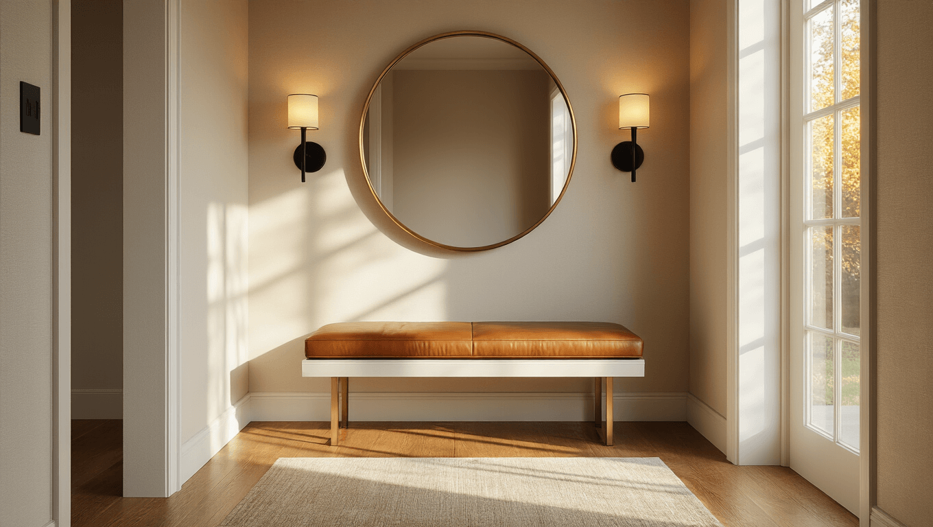 Ultra-realistic image of a small mid-century modern foyer featuring warm honey oak floors, soft greige textured walls, a sleek white storage bench with caramel leather cushion, a large round brass-framed mirror reflecting golden morning light, matte black wall sconces, and a snake plant in a terracotta pot, highlighting natural materials and inviting atmosphere.