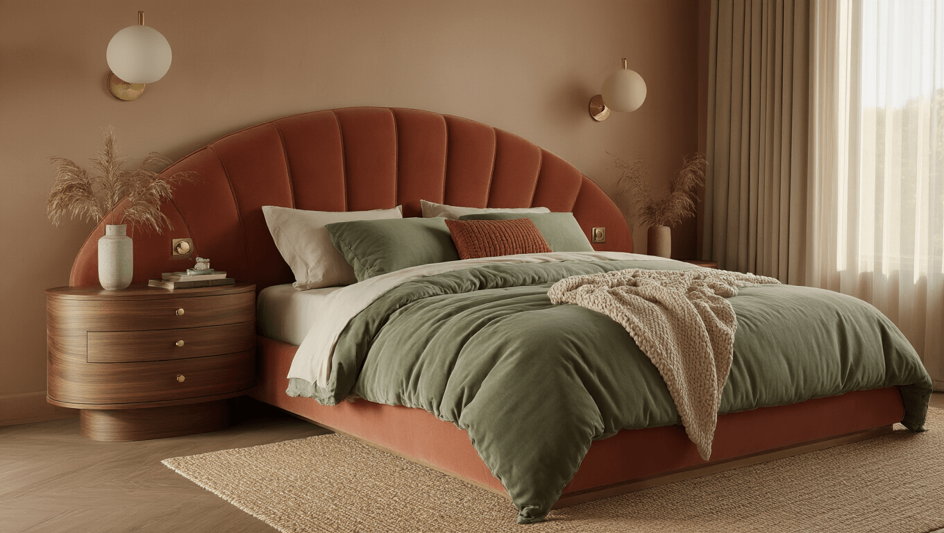 Luxurious modern bedroom with curved walnut nightstand, terracotta velvet bed, sage green and cream bedding, warm lighting, and inviting atmosphere.