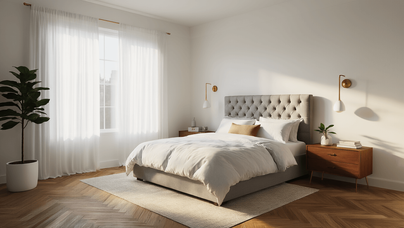 Ultra-realistic modern bedroom with a queen-sized bed against the opposite wall, warm golden hour lighting, dove gray tufted headboard, white bedding, walnut nightstands, herringbone hardwood flooring, minimal decor, and ambient lighting.