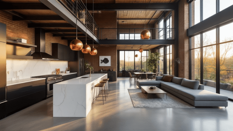 Cinematic wide-angle shot of a modern multi-family home interior featuring an open-concept living space with high ceilings, floor-to-ceiling windows, sleek kitchen with matte black appliances, white quartz island, and a living area with a gray sectional, showcasing polished concrete floors, exposed brick walls, and warm lighting.