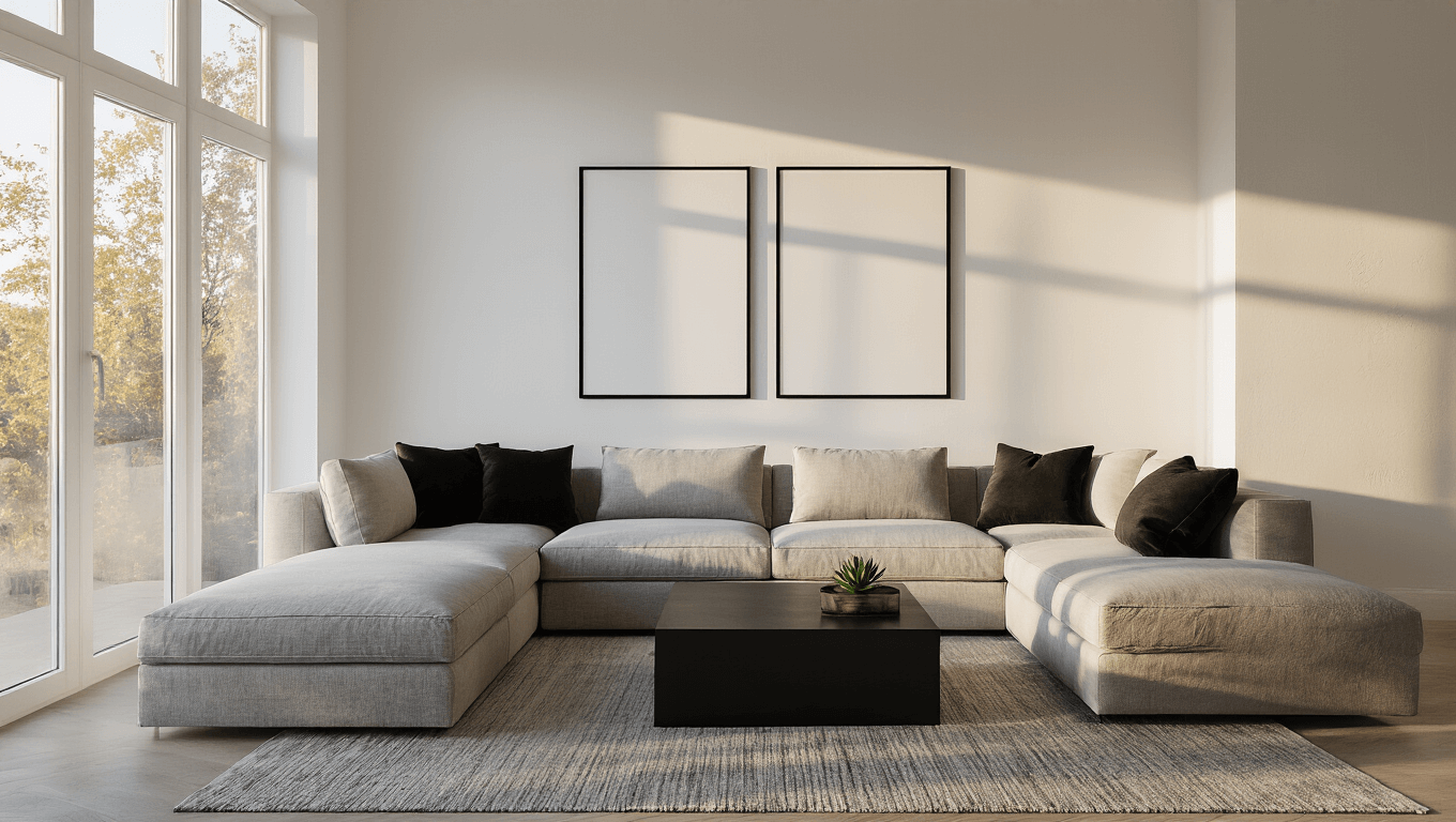 Cinematic wide-angle shot of a modern living room featuring a warm white wall, soft gray sectional, and black accents, illuminated by golden hour light.
