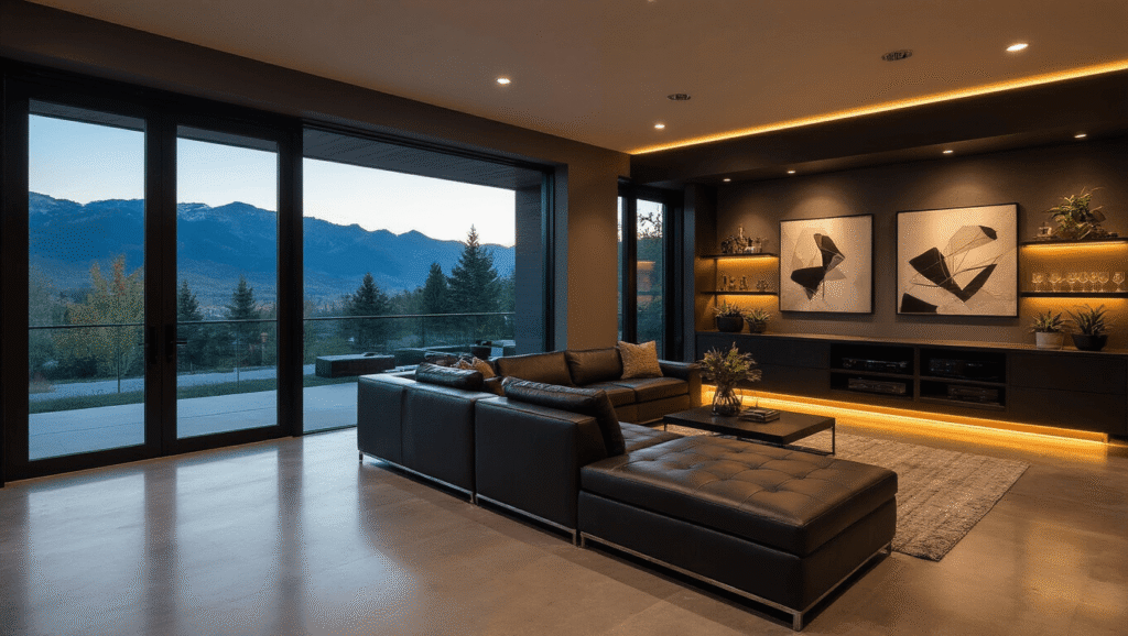 Cinematic wide-angle shot of a luxurious modern walkout basement entertainment space featuring a charcoal leather sectional sofa, a designer wet bar, polished concrete floors, and floor-to-ceiling glass doors revealing a mountain view, all illuminated by warm golden hour lighting.