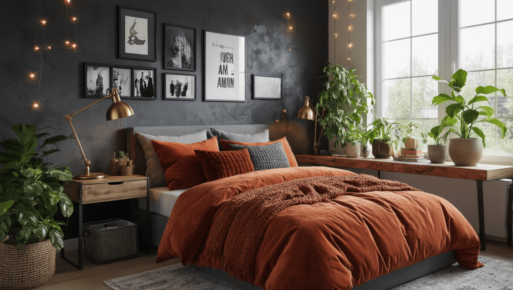 A sophisticated teenage girl's bedroom with a charcoal gray accent wall, rust-colored bedding, layered throw pillows, a natural wood floating desk, warm brass desk lamp, string lights, a gallery wall of art, a pothos plant by the window, a mid-century hanging chair, and soft golden hour sunlight filtering through sheer curtains, all contributing to a cozy, inviting atmosphere.