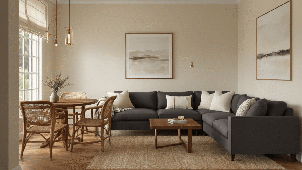 Photorealistic narrow living and dining area with warm oak floors, featuring a charcoal linen sectional sofa, walnut dining table, cane-back chairs, and brass lighting, illuminated by golden hour sunlight streaming through tall windows.