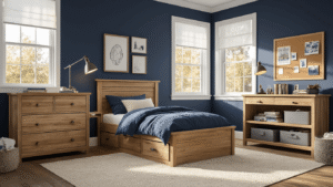 Ultra-realistic boys bedroom with navy blue accent wall, natural wood furniture, warm morning sunlight, and cozy ambiance.