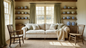 A sunlit rustic cottage living room featuring cream walls, an oatmeal linen sofa, sage green curtains, reclaimed wood shelves with blue and white ceramics, and a cozy reading nook ambiance, highlighting warm tones and textured fabrics.