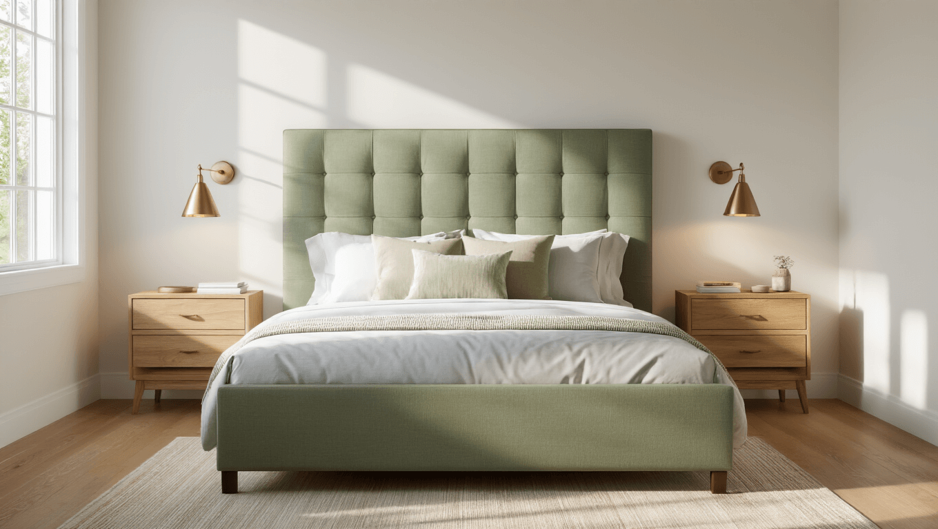 Cinematic wide-angle shot of a minimalist bedroom with a sage green upholstered bed, natural wood nightstands, and soft morning light illuminating light oak floors, creating a serene and inviting atmosphere.