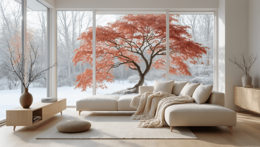 Cinematic wide-angle view of a modern Scandinavian living room with a cream linen sofa, light oak furniture, and large windows framing a Japanese maple bush with red-orange winter leaves against white snow. Natural light illuminates the space, highlighting neutral tones and a ceramic vase on a console, while showcasing outdoor landscaping with boxwood and evergreens.