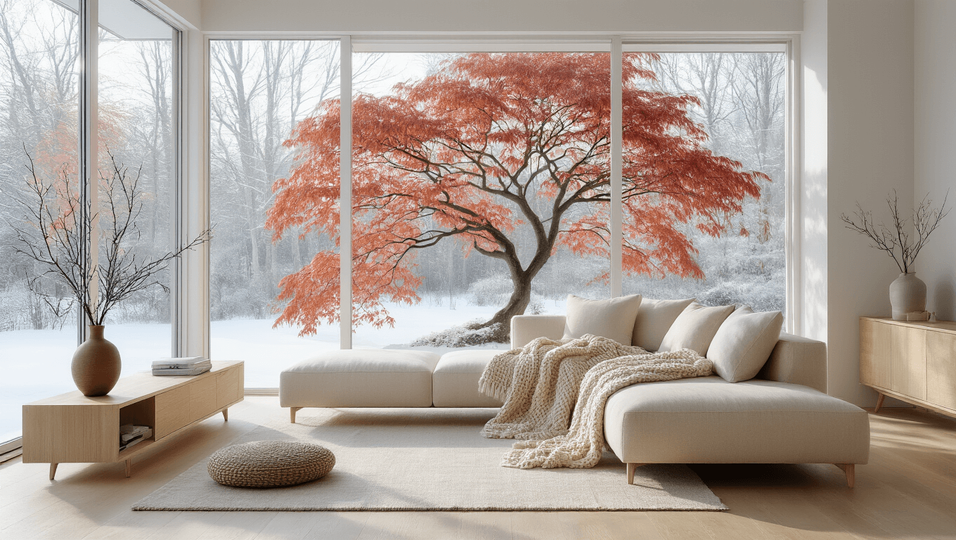 Cinematic wide-angle view of a modern Scandinavian living room with a cream linen sofa, light oak furniture, and large windows framing a Japanese maple bush with red-orange winter leaves against white snow. Natural light illuminates the space, highlighting neutral tones and a ceramic vase on a console, while showcasing outdoor landscaping with boxwood and evergreens.