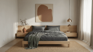 Ultra-minimalist Scandinavian bedroom featuring a natural oak platform bed with charcoal gray linen bedding, a floating nightstand with a terra cotta vase, and soft morning light streaming through sheer curtains, accentuated by warm ambient lighting and rich textile textures.