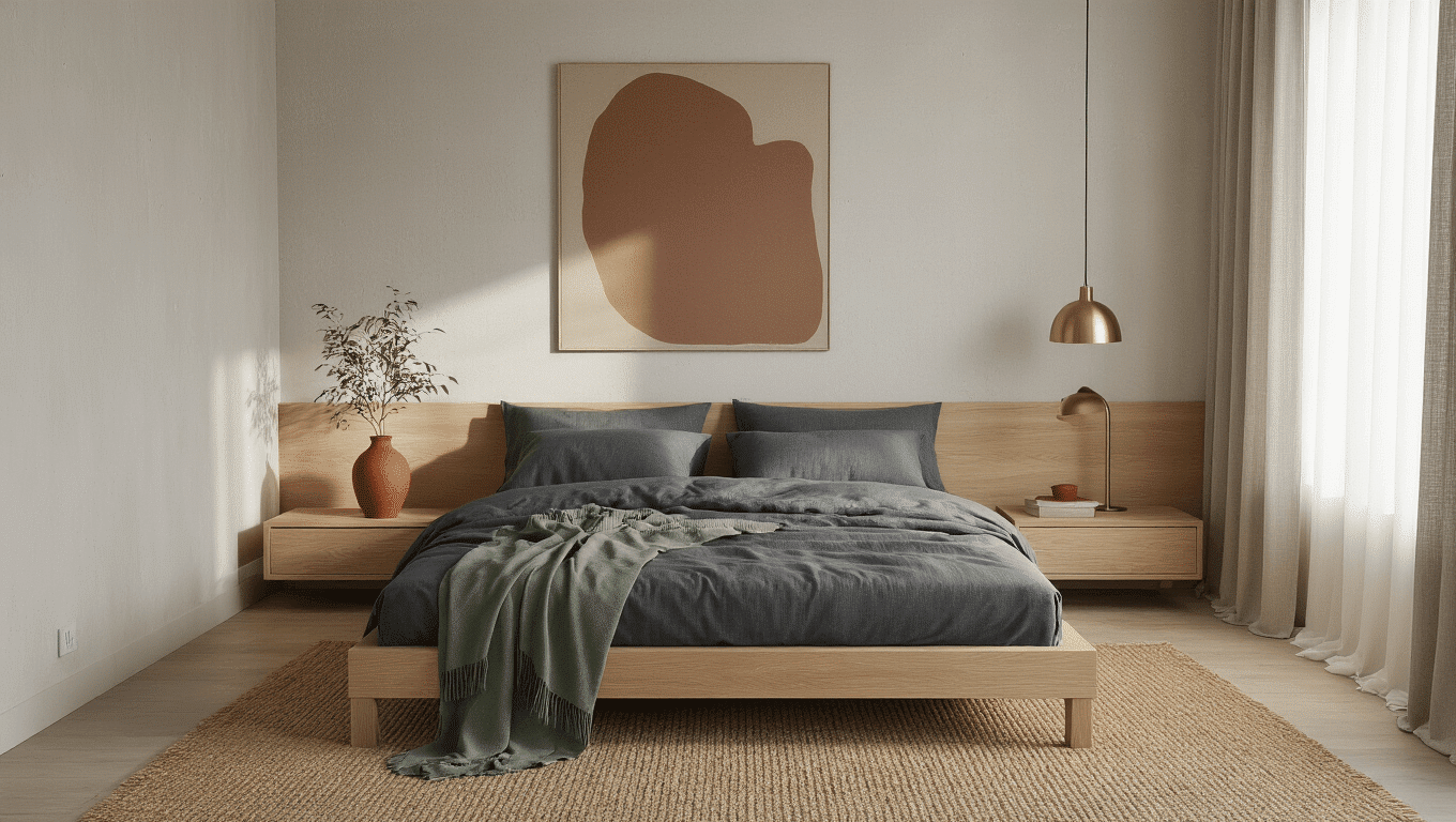 Ultra-minimalist Scandinavian bedroom featuring a natural oak platform bed with charcoal gray linen bedding, a floating nightstand with a terra cotta vase, and soft morning light streaming through sheer curtains, accentuated by warm ambient lighting and rich textile textures.