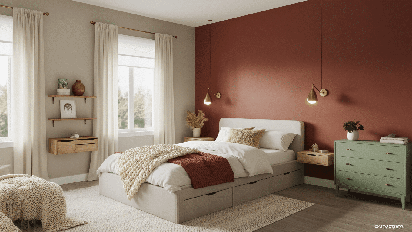 Cinematic interior shot of a small transformed bedroom featuring greige walls, a terracotta accent wall, cozy textures, and smart storage solutions, including a queen platform bed, floating nightstand shelves, brass lighting, and soft textiles, evoking a warm and intimate atmosphere.