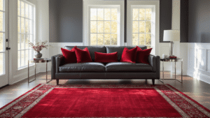 Sophisticated living room with charcoal grey walls, white trim, modern leather sofa with red throw pillows, and a crimson area rug, bathed in warm afternoon sunlight.