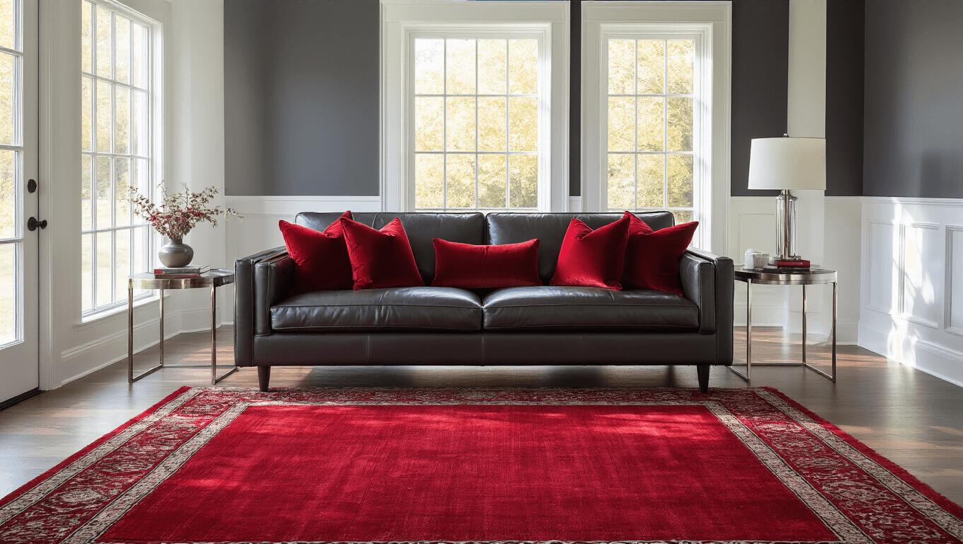 Sophisticated living room with charcoal grey walls, white trim, modern leather sofa with red throw pillows, and a crimson area rug, bathed in warm afternoon sunlight.