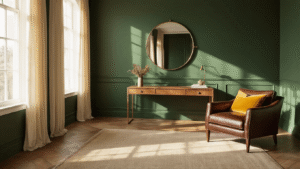 Cinematic wide-angle shot of an elegant living room featuring a deep forest green accent wall, warm sunlight streaming through sheer cream curtains, a light oak desk, a chocolate brown leather armchair, a mustard yellow velvet pillow, and a brass-framed mirror, all set on polished hardwood floors, creating a warm and inviting atmosphere.