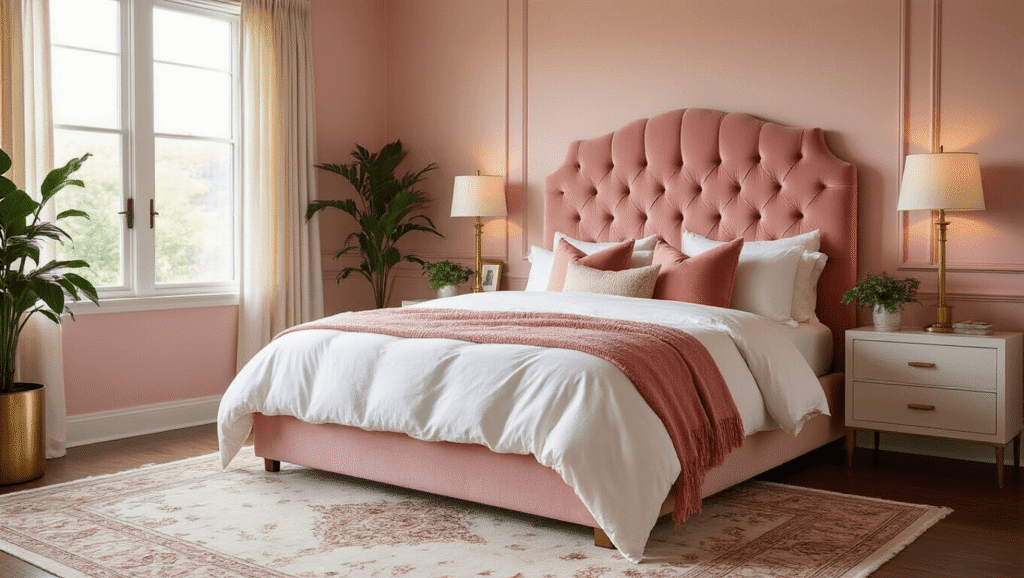 Cinematic wide-angle shot of an elegant pink bedroom featuring a tufted dusty rose velvet headboard, layered white and coral bedding, brass accents, and warm golden hour lighting, with rich hardwood floors and soft linen curtains.