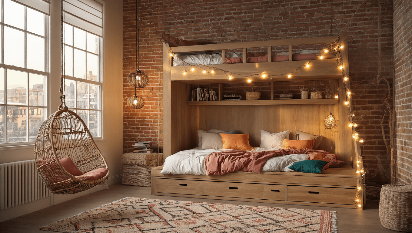 Cinematic wide-angle shot of a stylish teen bedroom with warm lighting, featuring a lofted wooden bed with storage, layered ambient lighting, textured furnishings, and a creative color palette of blush and navy.