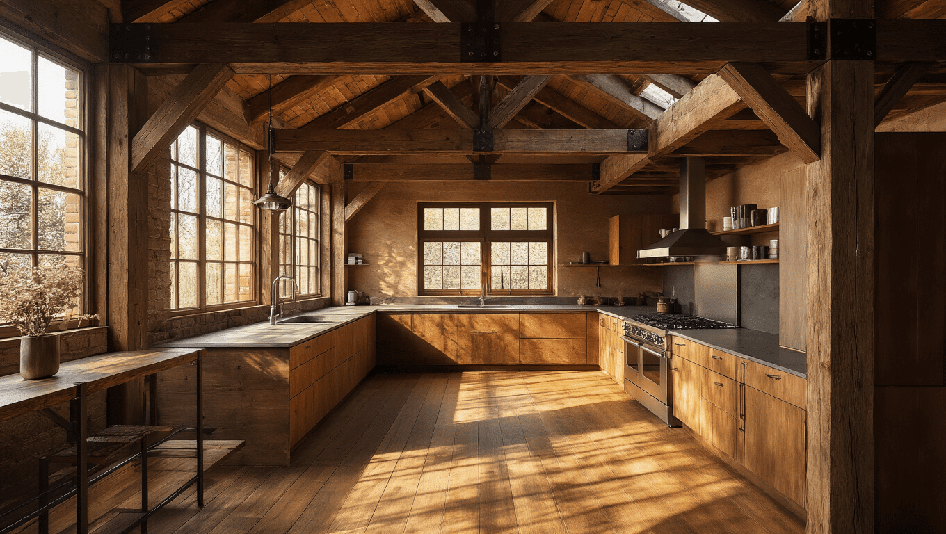 A cinematic wide-angle view of a sunken kitchen showcasing exposed wooden trusses and industrial metal connections, warm sunlight streaming through high windows creating geometric shadows on rich timber surfaces, highlighting the rustic elegance and architectural beauty of the space.