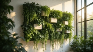 Cinematic wide-angle shot of a modern living wall installation with lush greenery in geometric planters, illuminated by warm golden hour sunlight streaming through industrial windows.
