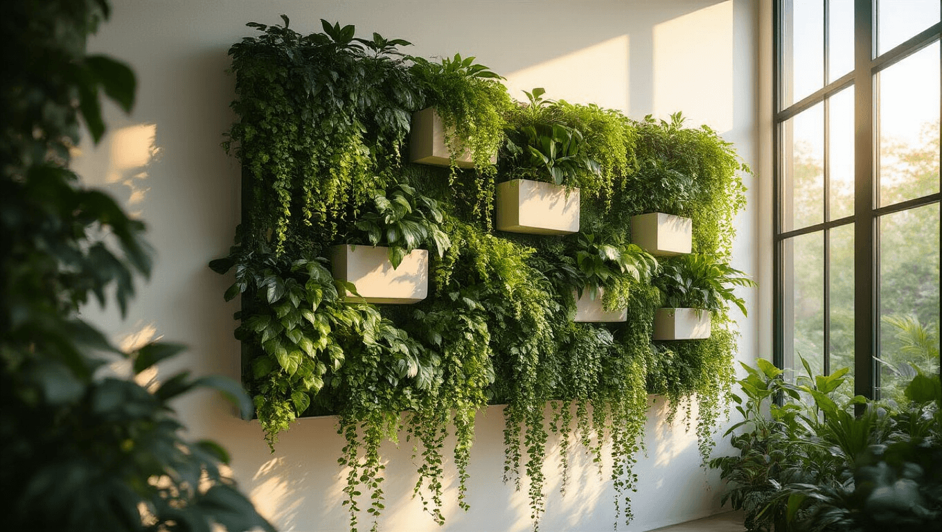 Cinematic wide-angle shot of a modern living wall installation with lush greenery in geometric planters, illuminated by warm golden hour sunlight streaming through industrial windows.