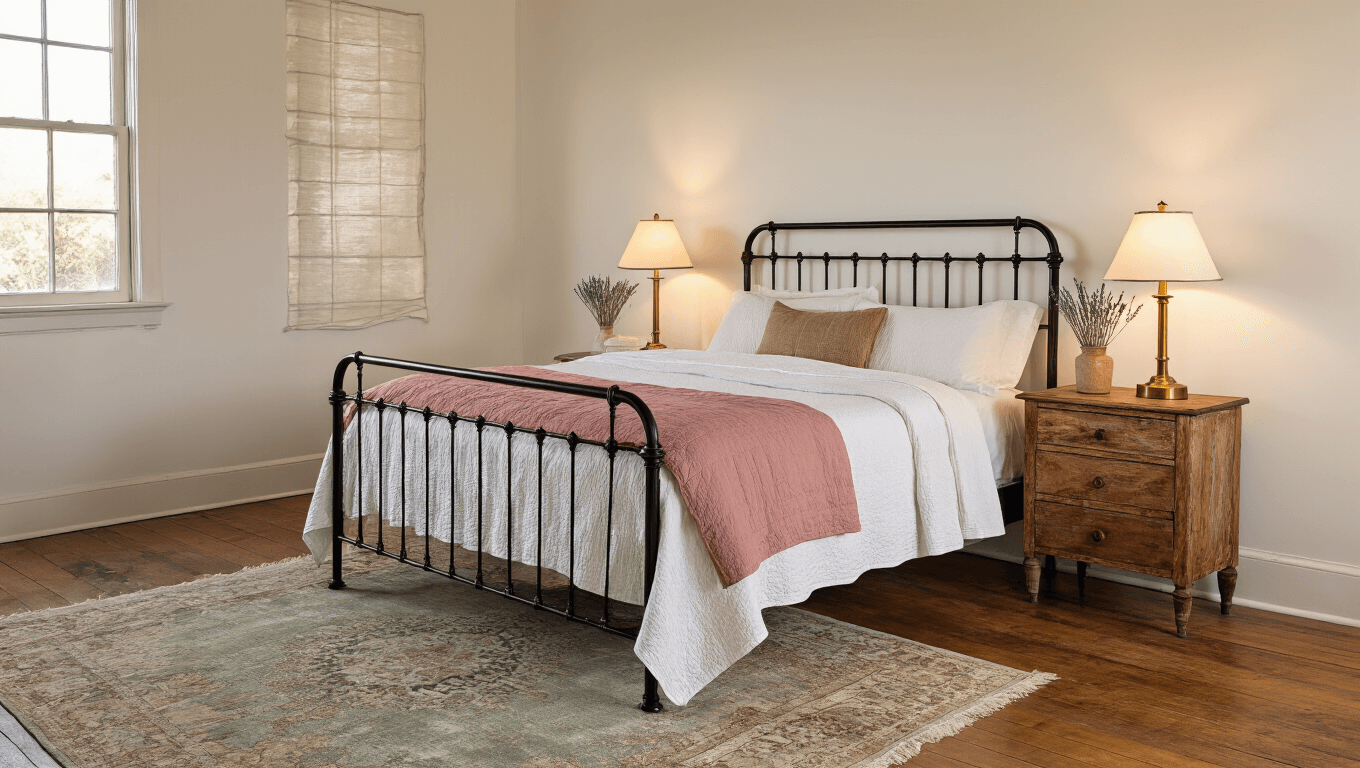 Cinematic wide-angle shot of a vintage bedroom featuring a black wrought iron bed with white linens and a dusty rose quilt, a wooden nightstand with a brass lamp, and a backdrop of natural light filtering through sheer curtains, creating a cozy and dreamy atmosphere.