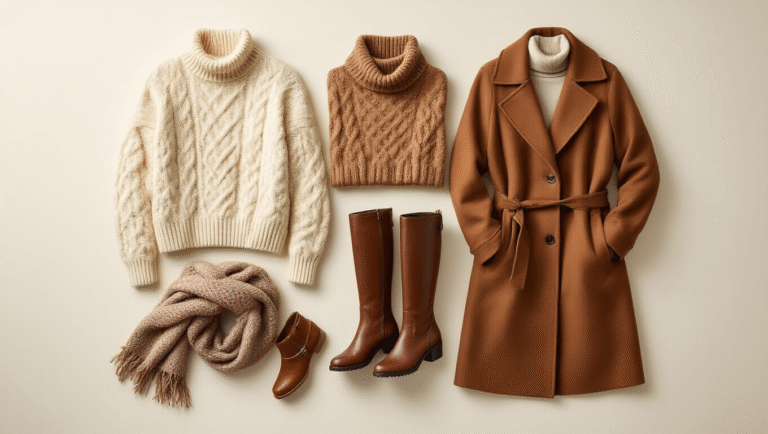Warm flat lay of winter fashion essentials featuring chunky cable-knit sweaters, knee-high chocolate brown boots, a luxurious wool coat, soft turtlenecks, textured scarves, and leather accessories on a clean neutral background with soft natural lighting.