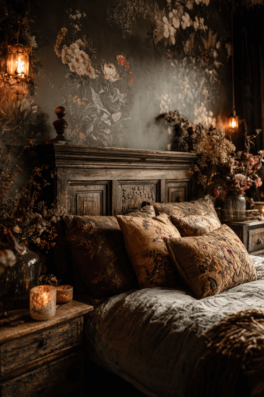 Handcrafted Layers 25 Moody Bedroom Ideas With Floral Velvet And Vintage Layers