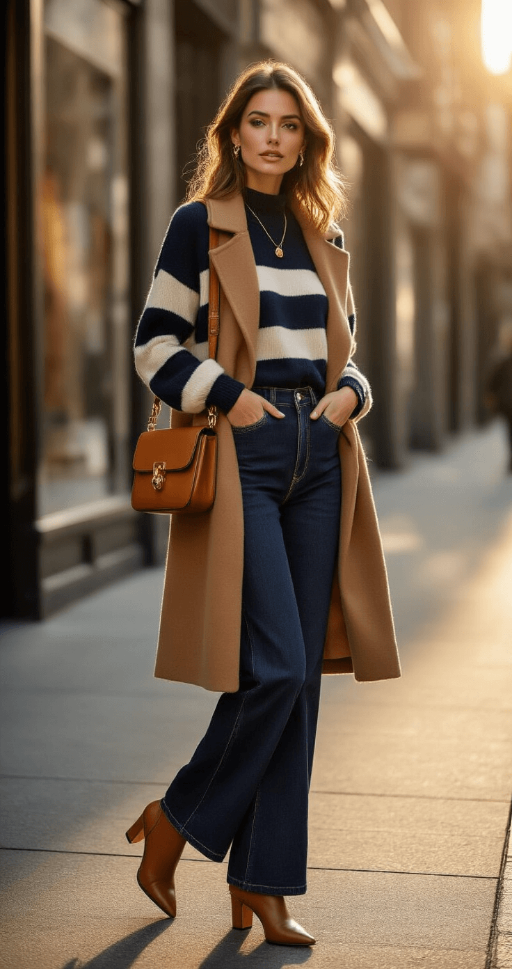 A stylish woman in a navy and cream striped cashmere sweater, high-waisted dark indigo jeans, and cognac leather kitten heel ankle boots stands on a chic urban street corner during golden hour, her camel wool coat draped over her shoulders, with modern storefronts reflecting soft light around her.