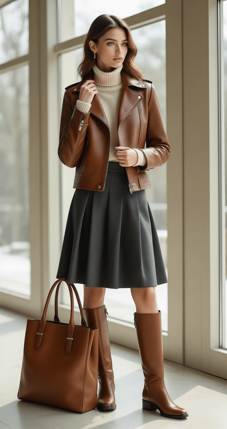 An elegant model in a brown faux leather moto jacket and cream turtleneck sweater poses in a sophisticated indoor setting, adjusting her jacket collar. She wears a charcoal gray wool A-line midi skirt and cognac leather knee-high riding boots, with a matching structured leather work tote beside her. Soft afternoon light filters through large windows, enhancing the textures and earth-toned colors of her outfit.