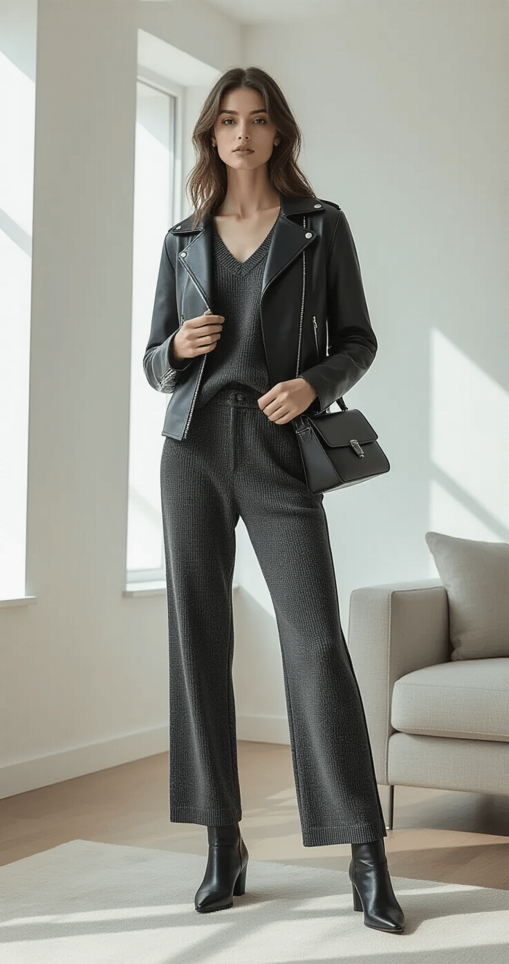 A model in a modern living room adjusts her black leather jacket over a coordinated black and white outfit of knit separates, showcasing a v-neck sweater and straight-leg trousers, with abundant natural light highlighting the textures and sophisticated interior design.