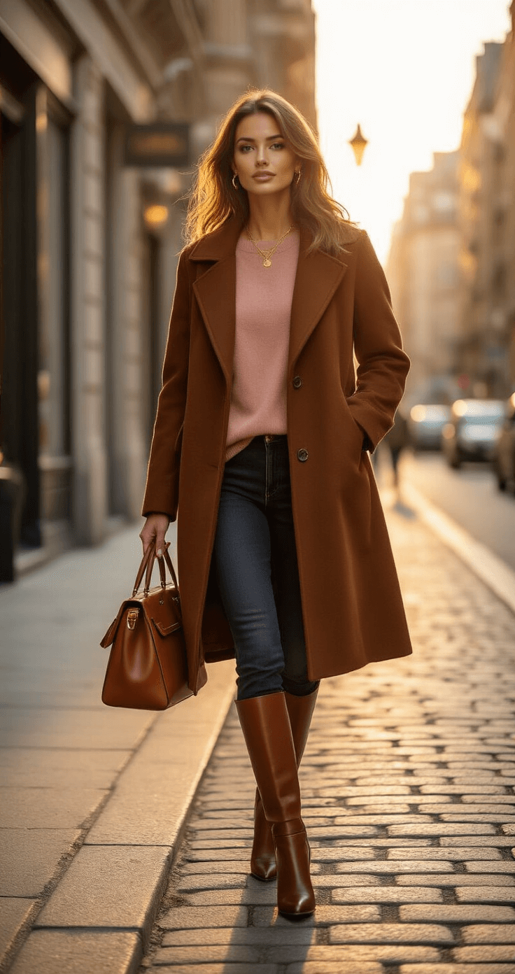 A confident woman in a chocolate brown wool coat and blush pink cashmere sweater walks along a sun-drenched urban street corner during golden hour, showcasing her sleek leather knee-high boots and structured cognac handbag. The scene captures her mid-stride with soft golden sunlight filtering through buildings, accentuating the textures and colors of her outfit against the cool urban architecture.