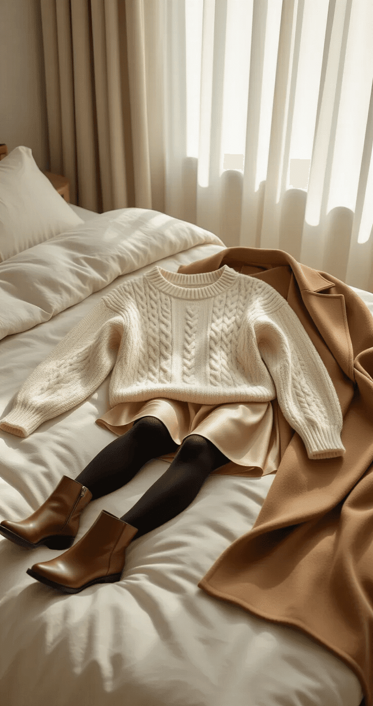 A cozy minimalist bedroom with floor-to-ceiling windows, featuring a curated outfit laid flat on a neutral linen bedspread, including a cream cable-knit pullover, champagne satin slip skirt, black fleece-lined tights, espresso brown leather knee boots, and a camel wool duster coat. Soft morning light casts gentle shadows on the textures of the fabrics, creating a serene and intentional fashion arrangement.