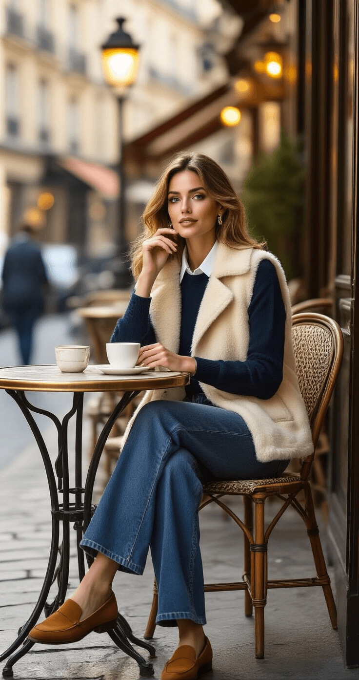 A stylish woman in a chic Parisian café terrace, dressed in a navy sweater over a white shirt, relaxed wide-leg indigo denim, and cognac suede loafers, complemented by a luxurious cream shearling vest, reaches for her coffee cup as warm amber streetlight begins to glow in the fading daylight.
