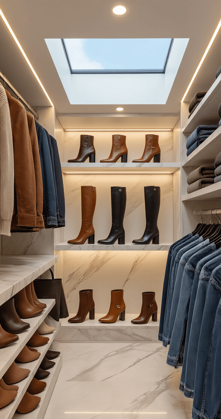 A modern walk-in closet featuring an organized display of winter boots with built-in lighting and marble accents, showcasing rich chocolate knee-highs, classic black ankle boots, and cognac over-the-knee styles, all illuminated by natural light from a skylight.