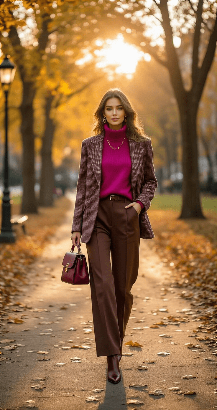 A fashion-forward woman strolls through a sun-dappled city park at golden hour, wearing a fuchsia merino wool sweater, tailored chocolate brown wide-leg trousers, and pointed-toe ankle boots, with a plaid blazer draped over her shoulders, complemented by a deep burgundy handbag and rose gold jewelry, against a backdrop of autumn leaves and beautiful bokeh.