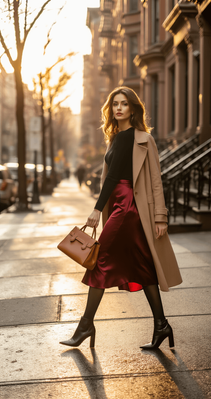 A confident woman in a burgundy satin midi skirt and black long-sleeve top walks purposefully on a chic urban corner during golden hour, with warm amber light casting long shadows on wet pavement. She carries a tan leather handbag and wears heeled ankle boots, with a beige duster coat flowing behind her amidst elegant brownstone buildings and bare winter trees.