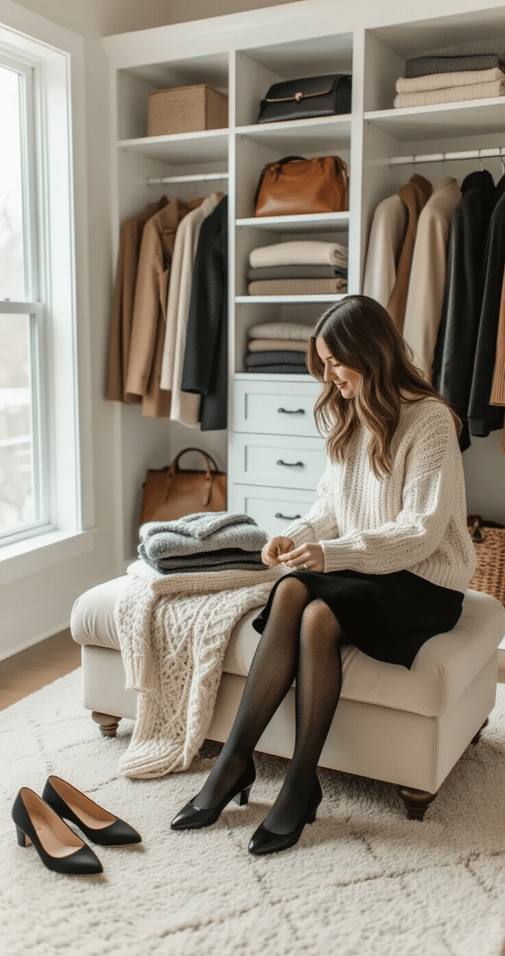A well-lit walk-in closet featuring a cozy styling session with a woman arranging a winter outfit on a velvet ottoman, including a black suede A-line skirt, cream cable-knit sweater, fleece-lined tights, and polished black Mary Jane flats. Open white wardrobes display organized wool coats, leather bags, and folded scarves, all bathed in soft afternoon light that highlights the textures and neutral color palette.