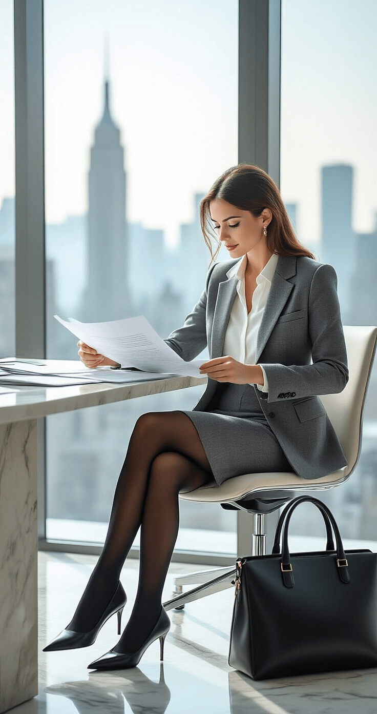 A professional woman in a tailored grey skirt and blazer adjusts her outfit while reviewing documents at a modern office desk, with bright natural light streaming through large windows showcasing the city skyline. A structured black handbag is beside her, and the space features clean lines and minimal decor.