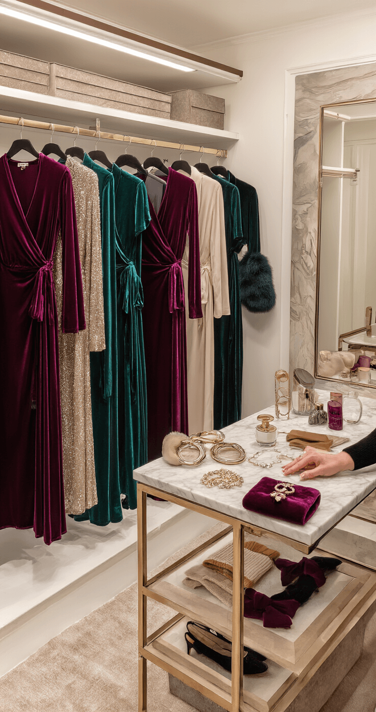 A chic walk-in closet filled with winter party attire, featuring velvet wrap dresses, silk tuxedo dresses, and wide-leg jumpsuits, along with a stylish marble-topped island showcasing accessories like thermal tights and statement jewelry, all illuminated by soft morning light and warm LED lighting.