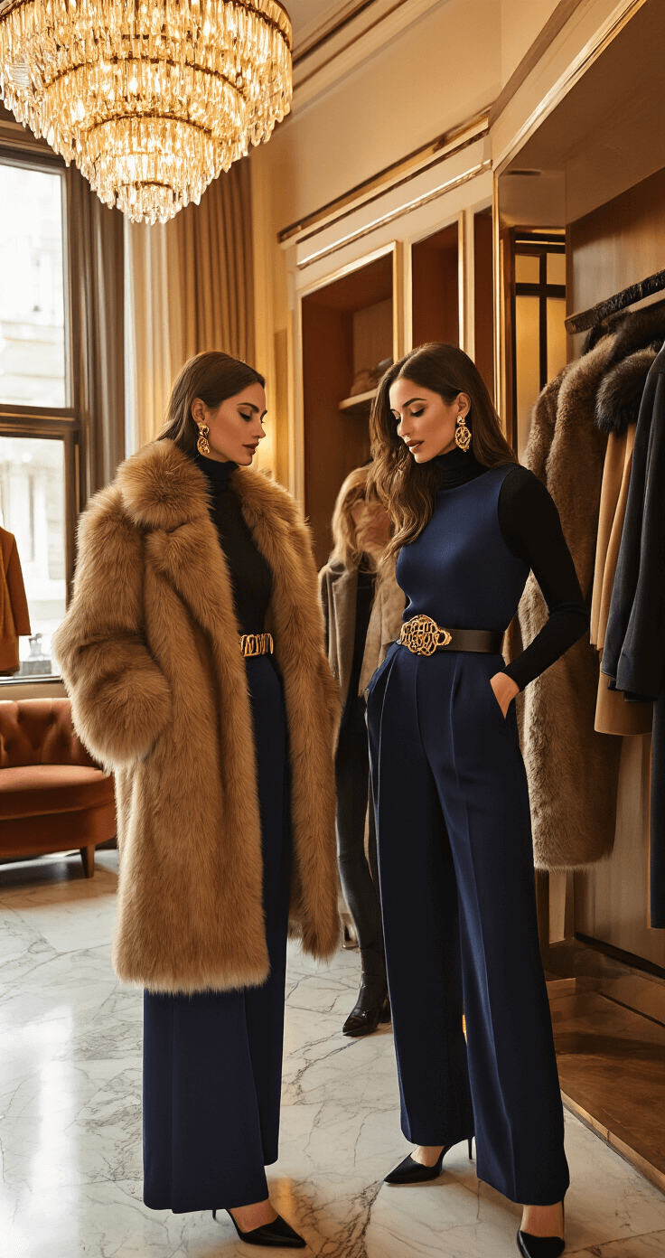 A fashion-forward woman in a navy wide-leg jumpsuit with a black cashmere turtleneck and gold statement belt demonstrates winter layering techniques in a stylish hotel lobby, consulting with a friend near a coat check displaying various outerwear options. Warm amber lighting and luxurious textures create an inviting atmosphere.