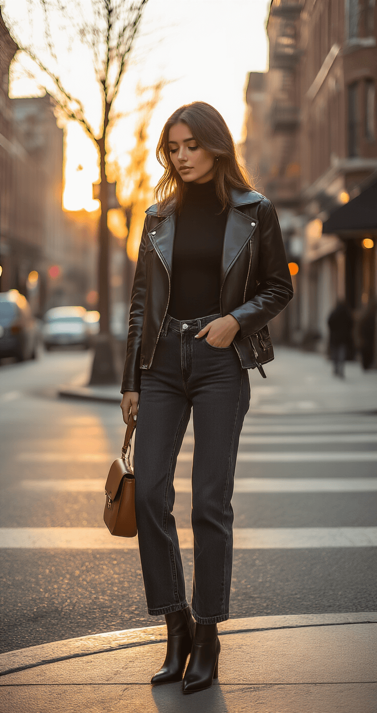 A young woman in a fitted black turtleneck bodysuit and high-waisted dark jeans stands on a dimly lit urban street corner during golden hour, wearing an oversized faux leather jacket and sleek black ankle boots. She carries a cognac brown crossbody bag, with soft sunset light filtering through bare trees, casting a romantic glow on her face as she checks her phone. The scene is captured from a slightly low angle, emphasizing her confident posture and the atmospheric street lighting.